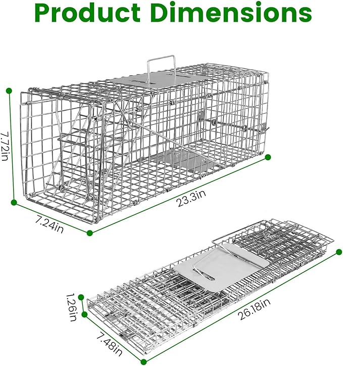 Live Animal Cage Trap 23.3x7.2x7.7 Inches Humane Cat Trap for Stray Cats Outdoor Heavy Duty Foldable Raccoon Traps Humane Catch &amp Release Live Traps for Rabbits Squirrels