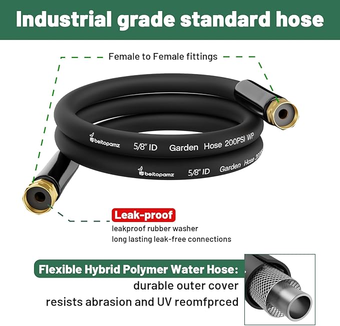 Short Garden Hose 10 ft x 5/8 Female to Female Hose Adapter Heavy Duty Small Water Hose Extender Connector Leak-Free Connections Hybrid Rubber Leader Hose with 3/4 Double GHT Fittings Black
