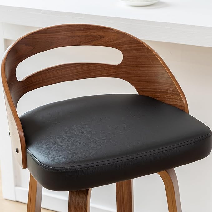 Counter Stools Set of 4 Counter Height Bar Stools with Walnut Crafts Bentwood Curved Back Upholstered Faux Leather Soft Cushion Seat Swivel Counter Chairs for Island/Pub (Black 26 Seat Height)