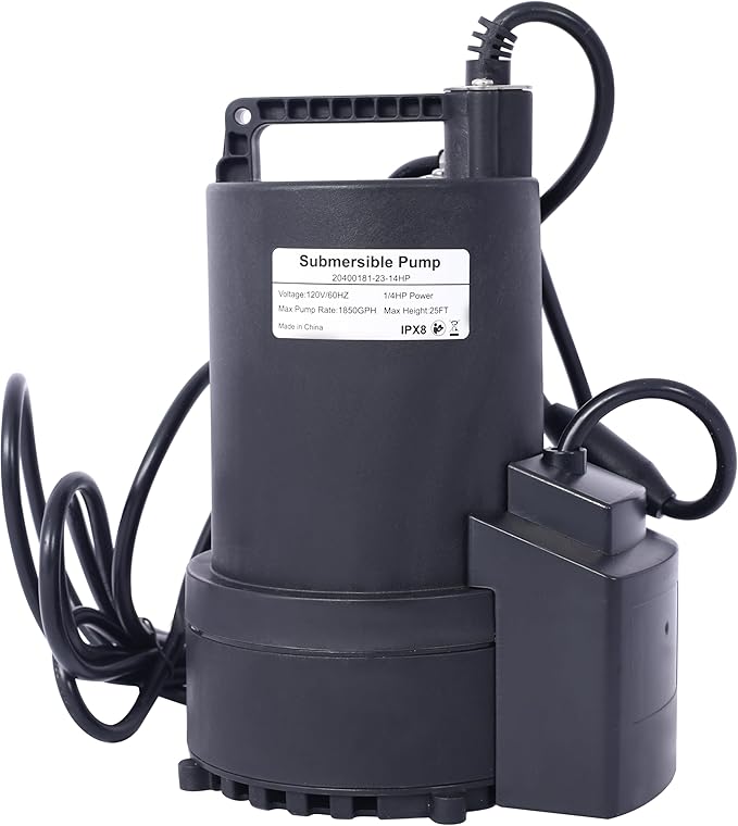 1/4 HP Automatic Swimming Pool Cover Pump 120 V Submersible with 3/4 Check Valve Adapter1850 GPH Water Removal for Pool Hot Tubs Rooftops Water Beds and more