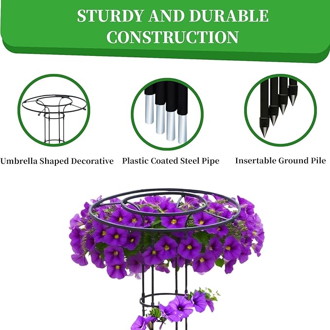Garden Trellis for Climbing Plants Vertical Umbrella Trellis 3/3.9/4.9/5.9/6.9ft Sturdy Plant Support for Flowers Vegetable Fruits Vines Indoor Outdoor(BlackHeight: 210cm/6.9ft)