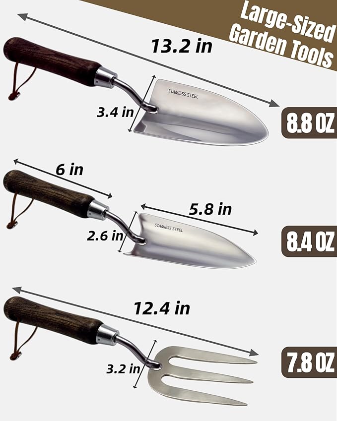 Garden Tool Set 6PCS Heavy Duty Stainless Steel Gardening Hand Tools with Ropes Includes Hand Cultivator Shovel Trowel Transplanter 2-in-1 Hoe Pruner Ideal Gardening Gifts for Women Men (Classic)