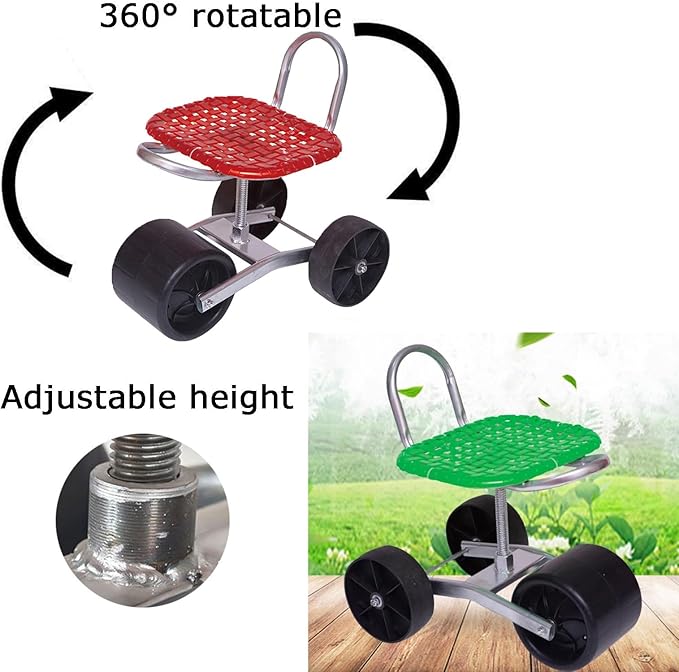 Portable Garden Stool with WheelsLightweight Gardening HelperAdjustable Height 22-36cmfor Balcony Orchards Farms(Green)