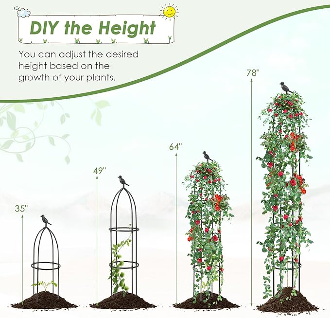 Happygrill Garden Trellis for Climbing Plants 78” Tall Metal Obelisk Trellis w/Adjustable Height Gloves Cable Ties 2 in 1 Plant Cages &amp Supports for Flowers Vegetables Vines Indoor Outdoor