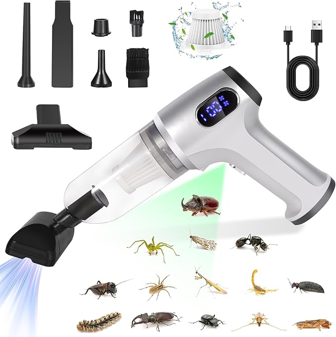 Bug Vacuum CatcherCordless Handheld Vacuum Cleaner RechargeableHigh Power Portable Bug Catcher Handheld Vacuum Cordless Indoor with LED FlashlightSmall Spider Catcher Use for Home Car (Silver)
