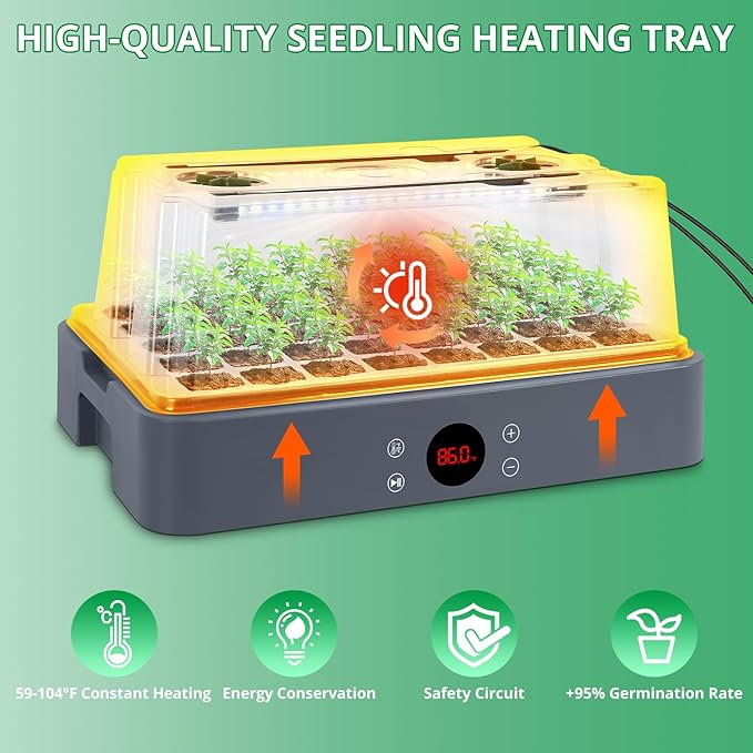 Sondiko Seed Starter Tray with Grow Light Heated Seed Starter Kit with Temperature Display Humidity Dome Germination Kit Adjustable Plant Light for Seed Starting and Seedling Growth