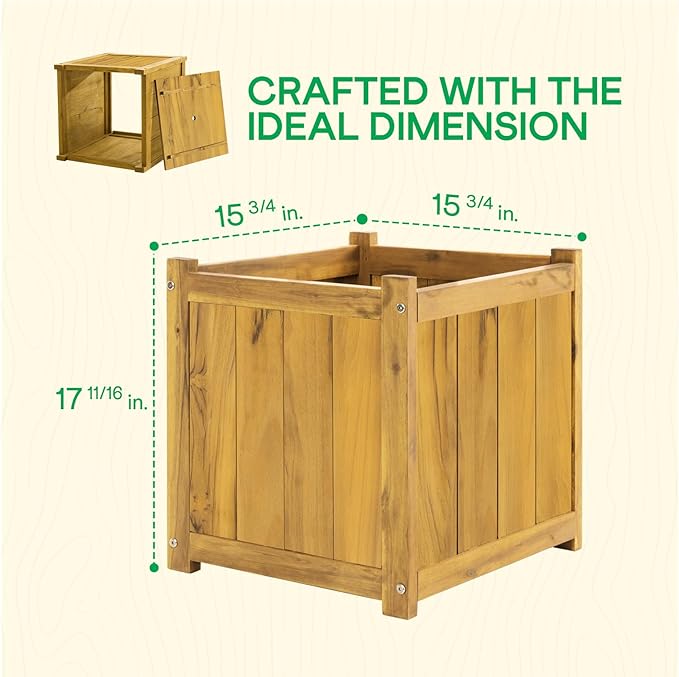 Idzo Set of 2 Acacia Wood Flower Planters for Outdoor Plants Ergonomic Handles Drainage Holes Various Sizes Ideal for Home Décor Golden Teak