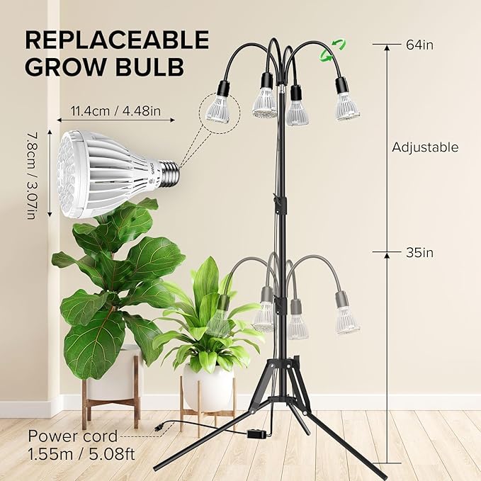 SANSI Grow Lights for Indoor Plants 128W Full Spectrum Plant Lights for Indoor Growing 35-64 inches Detachable Tripod Standing Grow Light with High PPFD No Dimmable 4 Pack of Par25 32W Bulb