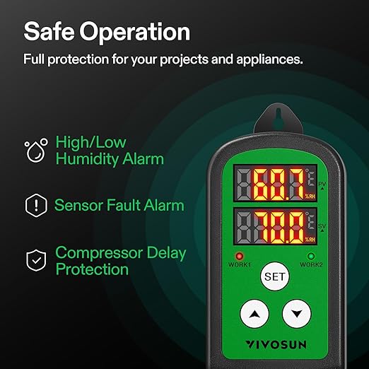 VIVOSUN Humidity Controller 1200W Dual-Stage Outlet Pre-Wired Digital Humidistat with Dual LED Displays for Humidifier/Dehumidifier/Fan Ideal for Greenhouse Grow Tent Home-Brewing Mushroom