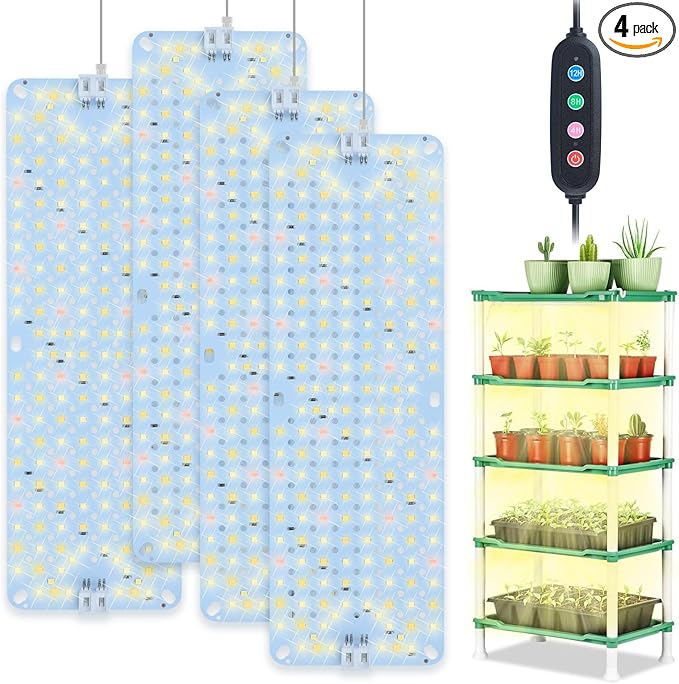 4Pack Flat Panel Grow Lights for Indoor Plants Seed Starting Vegetables with 4/8/12 Hr Timer 40W Full Spectrum LED Plant Growing Lamps for Cabinet/Shelves/Greenhouse Plug-and-Play Connect Freely