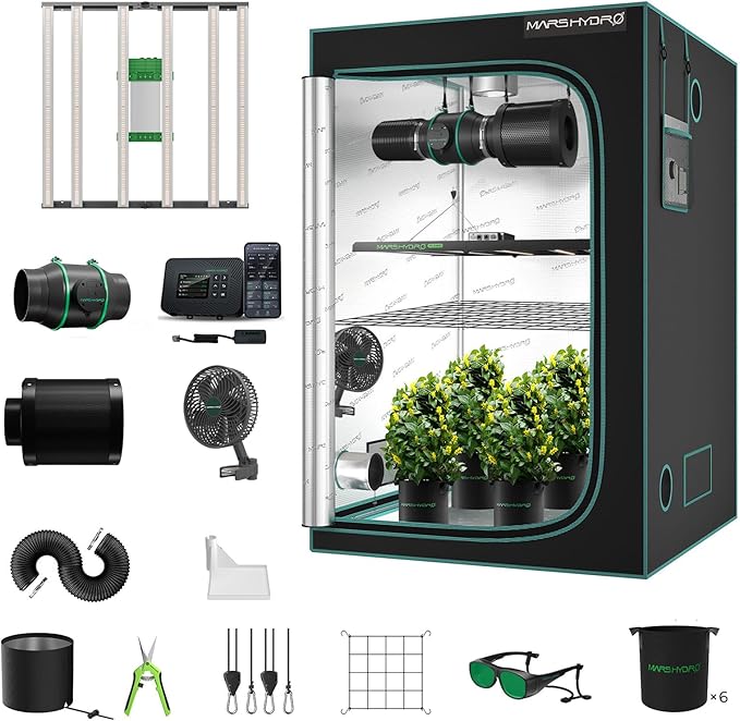 Mars Hydro 4x4 Smart Grow Tent Kit Complete System with WiFi-Integrated Controller 43480W FC-E4800 Dimmable Light 2646Pcs LED48x48x80 1680D High Reflective Mylar6inch Automatic Ventilation Kit