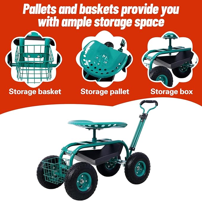 Anwick Rolling Garden Work Seat with Wheels Gardening Stool for Planting 360 Degree Swivel Seat Scooter with Steering Handle &amp Tool Tray/Basket Garden Chair for Outdoor Patio and Yard (Green)