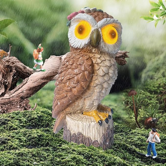 1 KINGO Fake Owl Decoy Bird Deterrents for Outside Solar Powered LED Eyes &amp Ultrasonic Deterrent Scarecrow Owl Decoys to Scare Birds Away Bird Repellent Devices Outdoor Resin Garden Statues