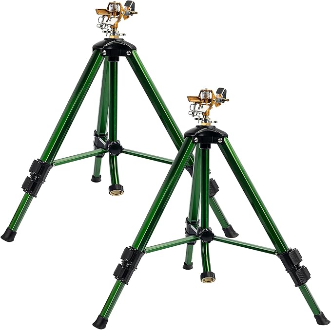 Hourleey Impact Sprinkler on Tripod Base 2 Pack Heavy Duty Sprinklers for Lawn Yard Garden 0-360 Degree Large Area Coverage 3/4 Inch Connector Extension Legs Flip Locks with Brass Head