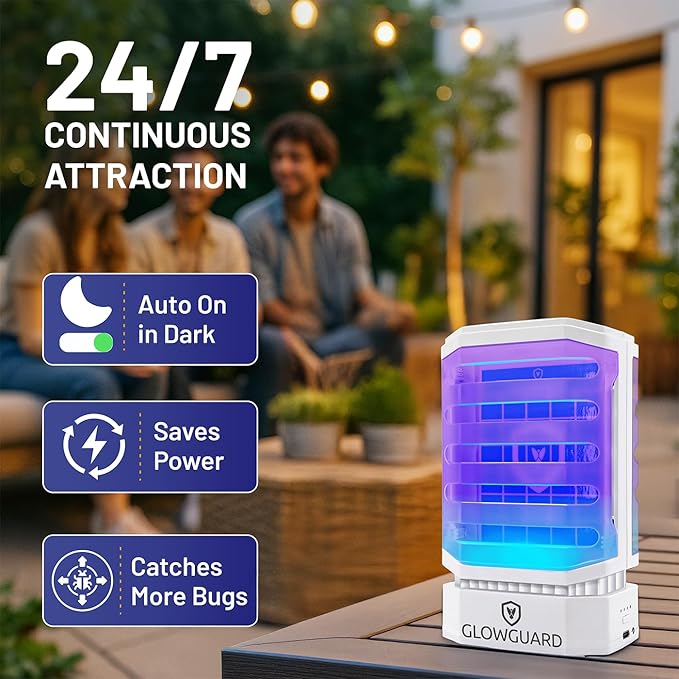GlowGuard Cordless Flying Insect Trap Catches Fruit Flies Indoor Gnat Killer Magnet for Moths &amp Mosquitos in Dark 1 Rechargeable Bug Trap + 4 Dual-Sided Sticky Pad Refills 30hr Battery (White)