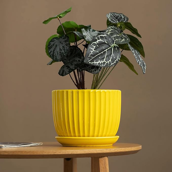 Ton Sin Ceramic Flower PotsYellow Plant Pots for Indoor Plants4.1+5.1+6.5 inch Ceramic Plant Pots with TrayMedium Indoor Planters for Aloe Cactus Decorative Pots with Drainage Hole (Set of 3)
