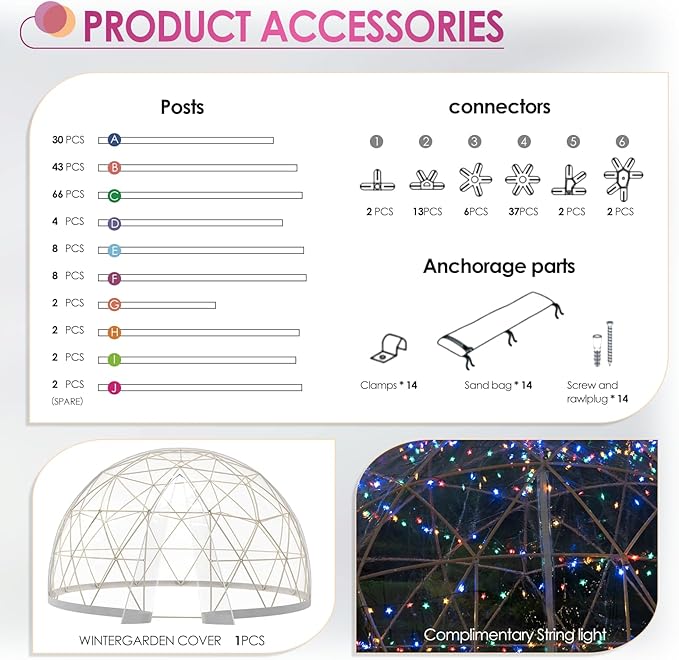 Upgraded 12FT Garden Dome Tent Outdoor Clear Bubble Tent for 6–10 People Geodesic Dome Greenhouse with Waterproof PVC Clear Cover LED Lights Window for Backyard Patio Camping Party