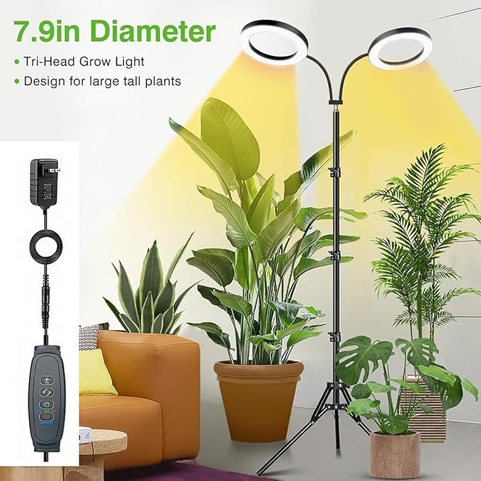 Dpofirs Grow Lights for Indoor Plants 108 LEDs Full Spectrum Plant Grow Light with 3/9/12H Timer 6 Brightness Levels Height Adjustable Lamp for Seedlings and Home (US Plug 2 Heads 20W Use 2A