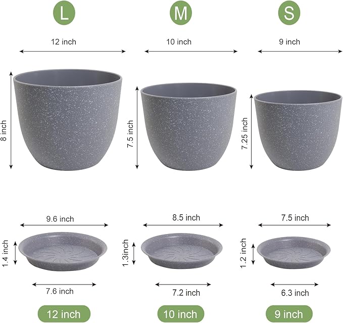 12/10/9 Large Modern Plant Pots Plastic Planters with Drainage Holes and Saucers for Indoor Outdoor Plants Flowers Grey Speckles