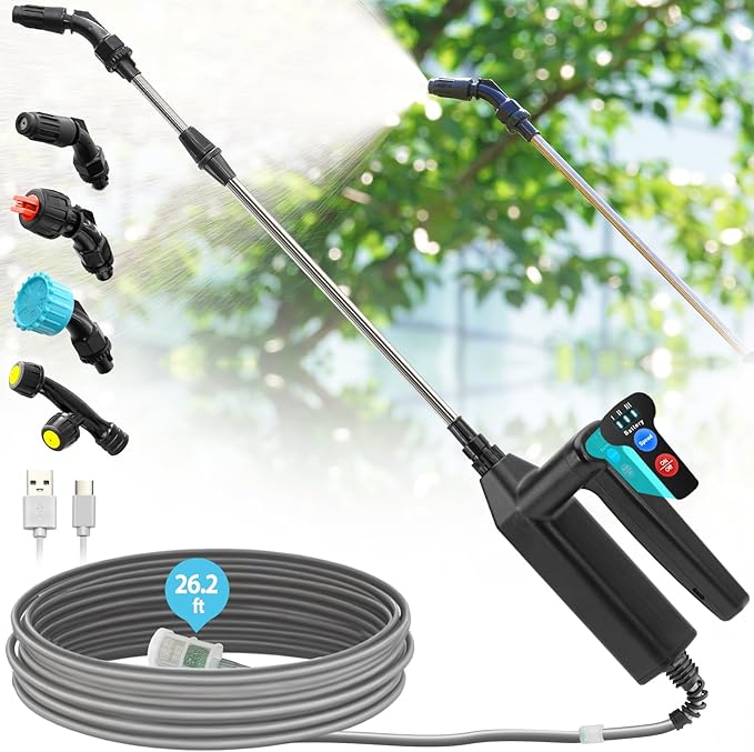 Battery Powered Sprayer Wand 32 Inch Garden Sprayer Telescopic Wand with 3 Adjustable Speeds Battery Indicator 26.2 FT Hose 7.4V Rechargeable Water Sprayer Wand with 4 Adjustable Nozzles &amp Fil