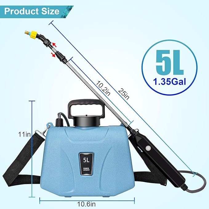 SZHLUX 1.35 Gallon Battery Powered Sprayer Upgrade Electric Sprayer with USB Handle Telescopic Wand 3 Mist Nozzles and Adjustable Shoulder Strap Garden Sprayer for Gardening Cleaning