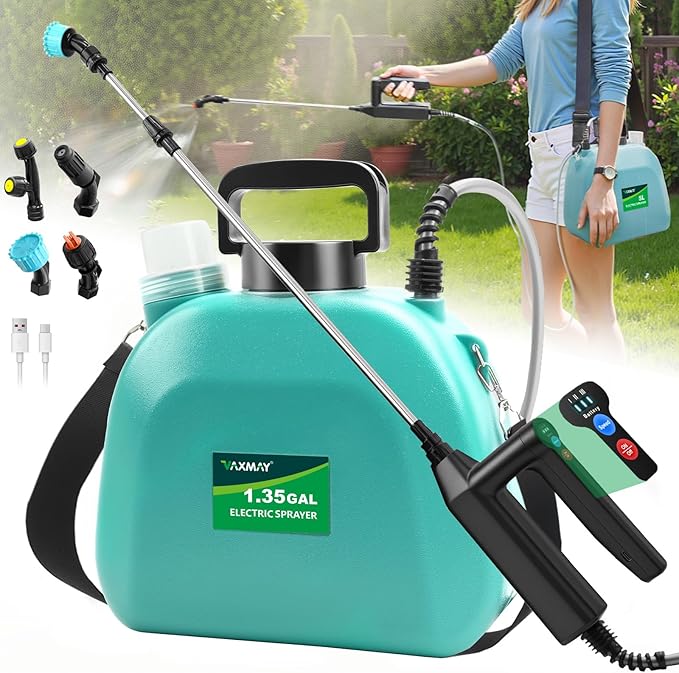 Battery Powered Sprayer 1.35 Gallon 2026 Electric Garden Sprayer with 3 Adjustable Speeds 4 Mist Nozzles Rechargeable Handle Retractable Wand with Adjustable Shoulder Strap for Weed Lawn(Green)