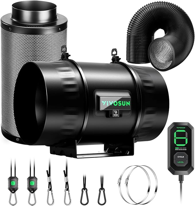 VIVOSUN Smart Air Filtration T8 Kit 8 AeroZesh T8 Inline Duct Fan with E12 Speed Controller Carbon Filter &amp 25' Ducting Cooling &amp Ventilation System for Grow Tents Indoor Gardening Hydro