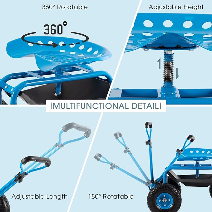 Rolling Garden Cart with Workseat - Heavy Duty Scooter with Handle and Storage Gardening Stool 360 Degree Swivel Seat for Seniors Garden Cart on WheelBlue