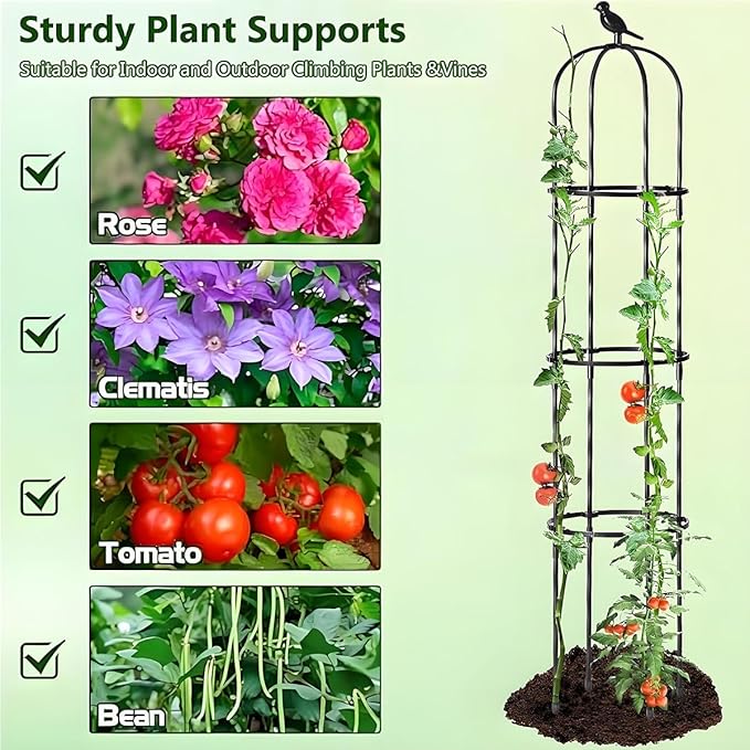 Garden Trellis for Climbing Plants Metal Obelisk Flowers Stand Tomato Cage Plant Support Metal Pipe for Vines Flower Climbing Rose Clematis Vegetable Tomato Trellis(Black32x145cm)