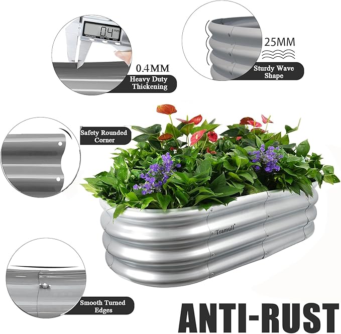 4Pack 4x2x1ft Galvanized Raised Garden Bed Kit Oval Metal Ground Planter Box Outdoor Bottomless Planter Raised Beds for Vegetables Flowers Herbs Fruits Silver