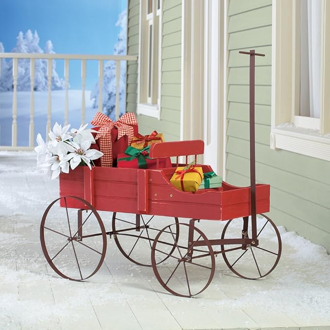 Collections Etc Amish Wagon Decorative Indoor/Outdoor Garden Backyard Planter Red