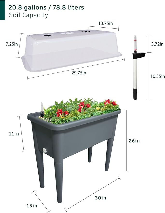 20.8 Gallon Vinyl Plant Box with Legs and Greenhouse Cover 30 x 25.6 x 15 Self Watering Raised Garden Bed with Drainage Plug  Grey