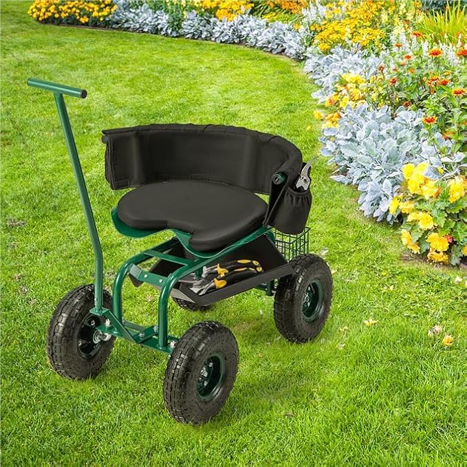 ERGOMASTER Garden Cart Rolling Workseat with Wheels2 Steering Handles360 Degree Swivel Seat &amp Tool Storage Use for Patio Yard and Outdoors Workseat Green