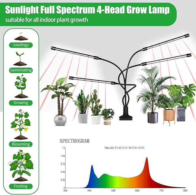 Grow Lights for Indoor Plants168 LEDs Clip Plant Lights Full Spectrum LED Plant Growing Lamps with Flexible Gooseneck 3/9/12H Timer 3 Spectral Modes 10 Dimmable Levels 4 Head
