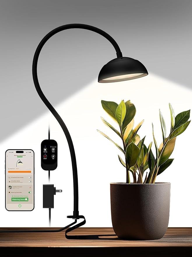 GLOWRIUM Smart Grow Lights for Indoor Plants10W Full Spectrum LED Plant Light with 3/9/12 Timer10 Dimmable LevelsHeight Adjustable Grow Light with Base (Black)