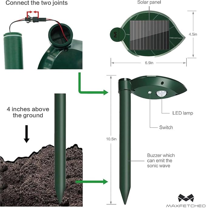 Solar Snake Repellent Ultrasonic Outdoor with LED Light Sonic Mole Repeller Solar-Powered Snake Mole Vole Gopher Away for Lawn Yard 4PK