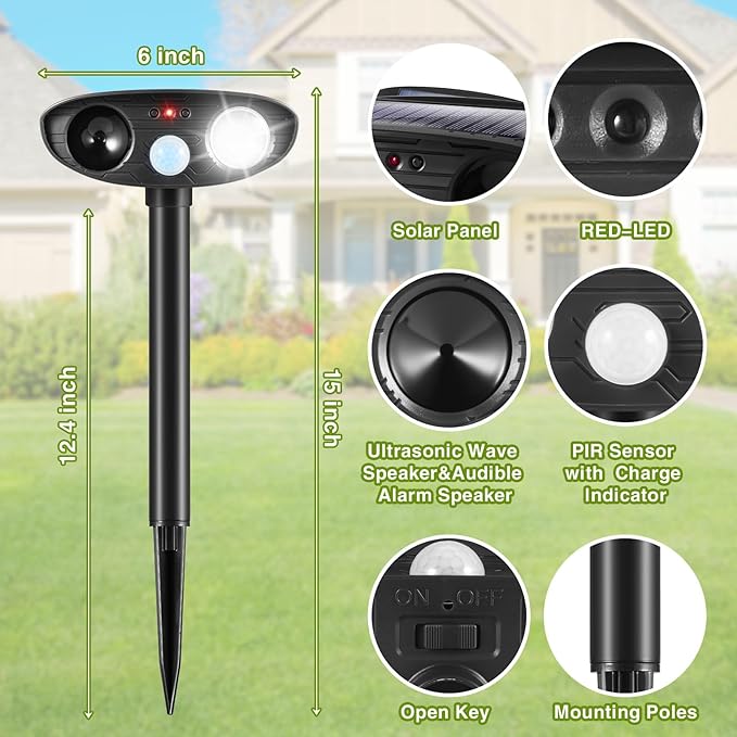 4Pack Ultrasonic Raccoon Repellent Outdoor Solar Animal Repellent with Motion Sensor&ampStrobe Light Cat Deterrent Outdoor Deer Repellent Device to Scare Skunk Squirrel Rabbit Repellent for Yard
