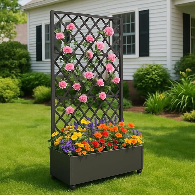 Metal Planter Box with Diamond Lattice Trellis 72x47 Galvanized Raised Garden Bed on Wheels for Climbing Plants Black