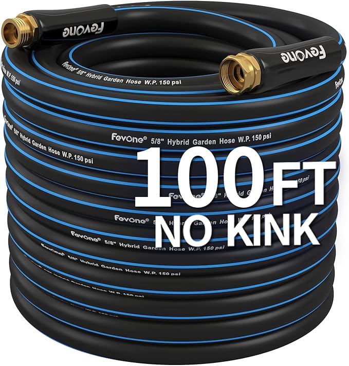 Fevone 100 ft Garden Hose Non Kinking Flexible Water Hose Heavy Duty Hybrid Polymer 5/8 Inner Diameter Hose 3/4 Brass Fittings