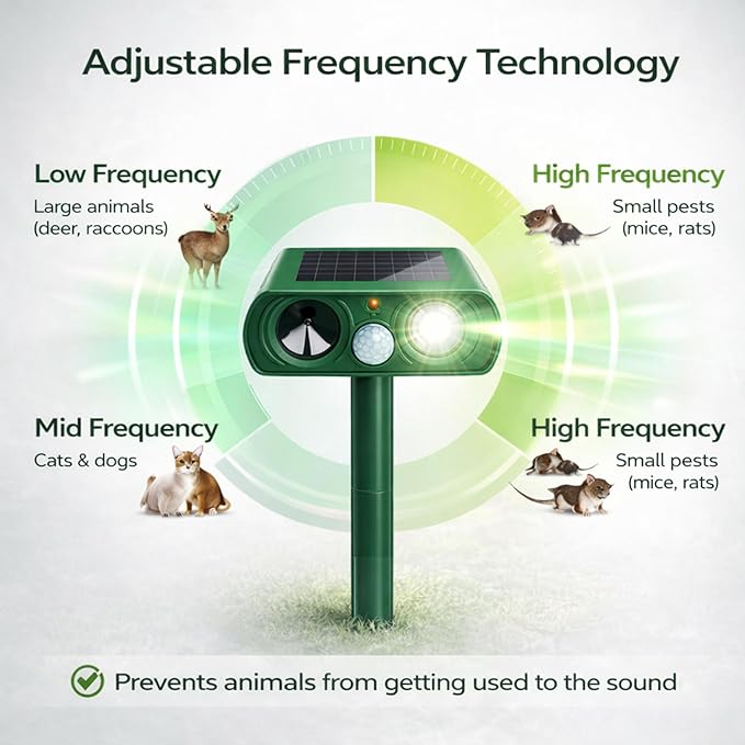 Solar Powered Animal Repellent Motion Sensor for Gardens - Ultrasonic Outdoor Animal Repeller with Adjustable Frequency &amp Waterproof Design - Deer Repellent Devices Protect Yard from Damage