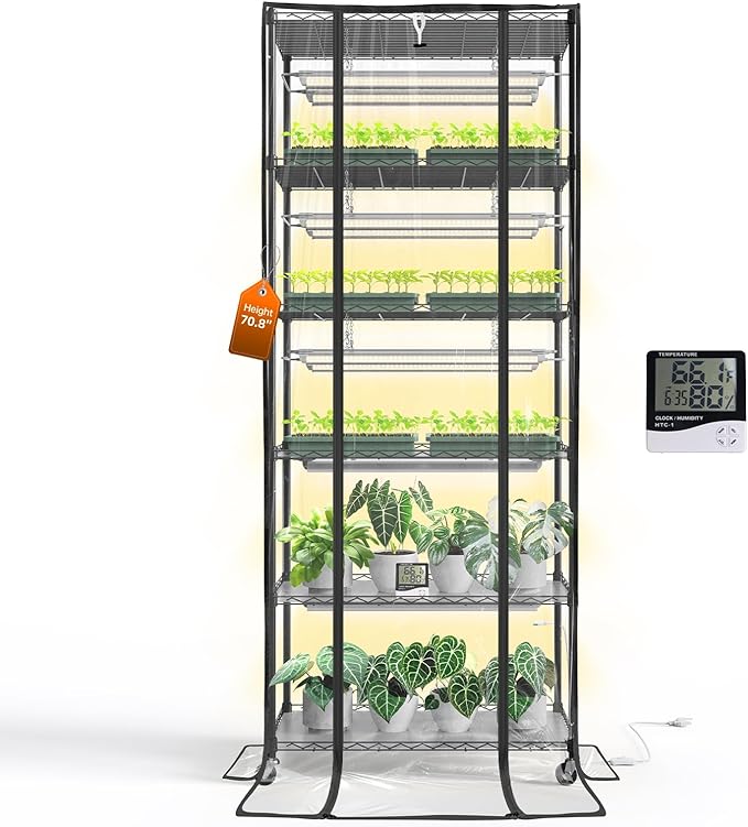 Bstrip 71 Indoor Greenhouse with Grow Light 6-Tier DIY Plant Shelf with Adjustable Rack and Wheels 8-Pack 192W Full Spectrum LED Plant Light for Indoor Plants Seed Starting (29.5 L x 13.8 W)