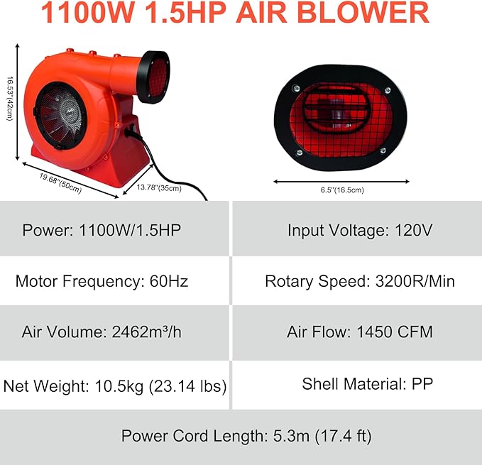 Air Blower 1100Watt/1.5HP Powerful Bounce House Blower Portable Fan Pump Commercial for Large Inflatables Water Slides Castle Jump Slides Holiday Decorations