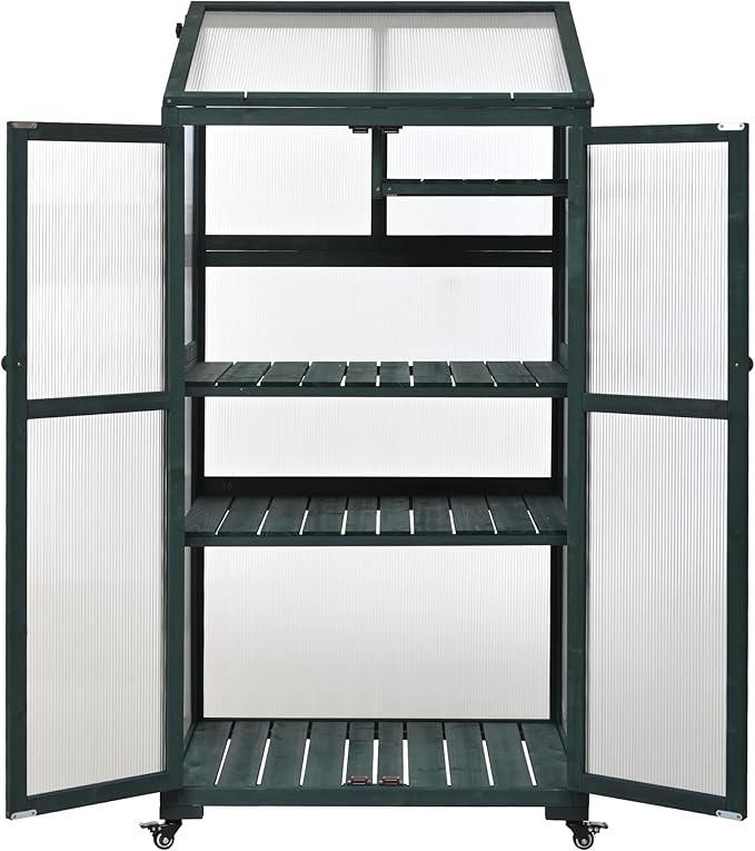 Mini 4-Tier Greenhouse with Locking Wheels 62 Inch Height Portable Wooden Green House Cold Frame with Adjustable Shelves and Vent Small Garden House for Outdoor Indoor Forest Green