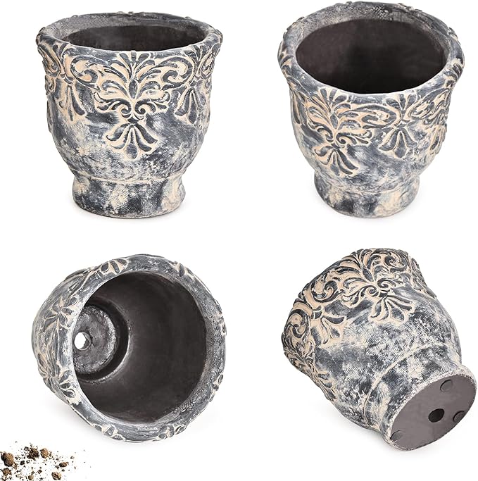 Sungmor 6.1 Inch Cement Plant Pot for Plants Succulent Planter with Embossed Design Vintage Concrete Flowerpots with Drainage Hole Decorative Orchid Houseplant Pot Indoor Outdoor Plant Container