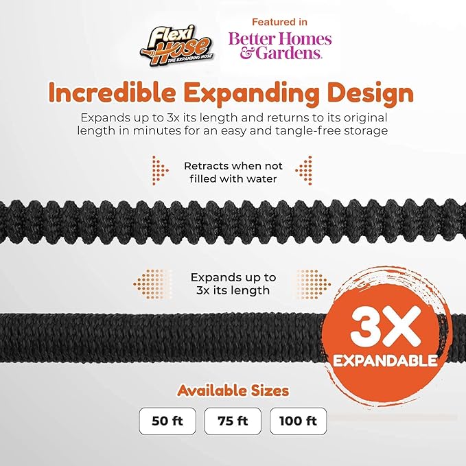 Flexi Hose Lightweight Expandable Garden Hose 50FT - Retractable Garden Hose Water Hose - No-Kink Flexibility 3/4 Inch Solid Brass Fittings and Double Latex Core