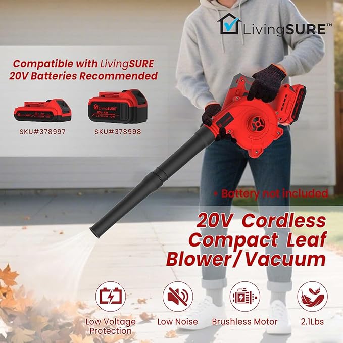 Cordless Compact Leaf Blower Vacuum by LivingSURE Lightweight Electric Handheld Blower for Lawn and Leaf Care Patio Cleaning Dust Cleaner - Battery Not Included