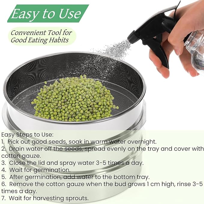 AUNMAS Seed Sprouting Kit Sprout Grower Kit with Lid Base for Home Gardening Beans Peas 6.7in Stainless Steel Mesh (3 Layer)