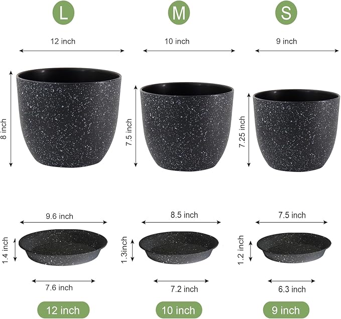 12/10/9 Large Modern Plant Pots Plastic Planters with Drainage Holes and Saucers for Indoor Outdoor Plants Flowers Black Speckles
