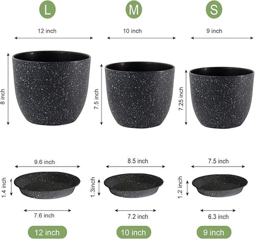 12/10/9 Large Modern Plant Pots Plastic Planters with Drainage Holes and Saucers for Indoor Outdoor Plants Flowers Black Speckles