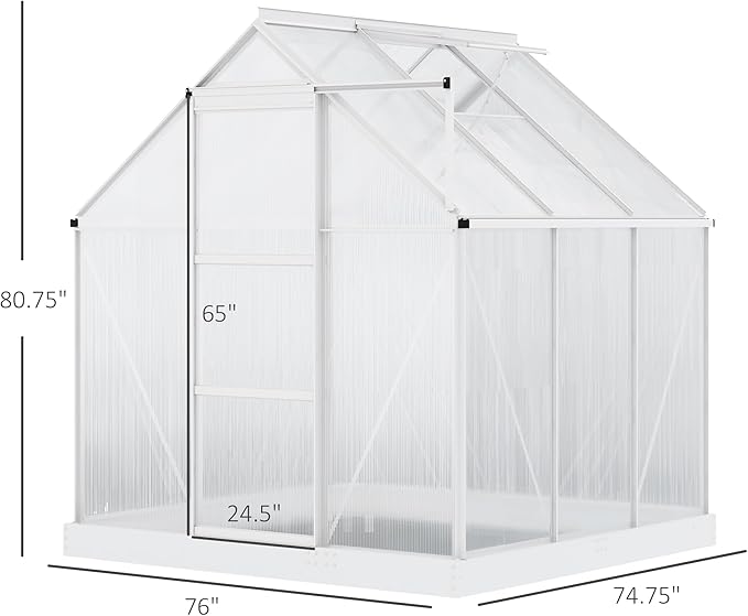 Outsunny 6' x 6' Hobby Greenhouse Walk-in Polycarbonate Hot House Kit with Aluminum Frame Sliding Door Roof Vent Silver